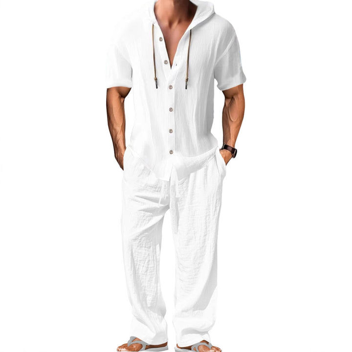Men's airy linen lounge set with short-sleeved hoodie and straight relaxed pants Mune Fashion