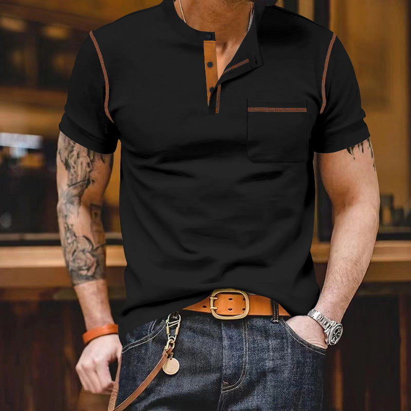 Men's short-sleeve shirt with stand-up collar, half-button placket, and chest pocket Mune Fashion