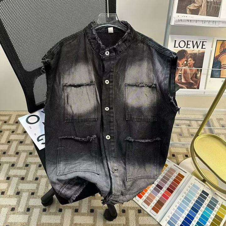 Men's Sleeveless Denim Vest in Vintage Used Look with Frayed Hem and Ombre Fading Mune Fashion