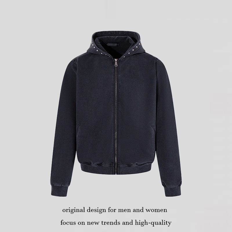 Men's Short Cut Zip Hooded Jacket made of Velour with Studded Hood Mune Fashion