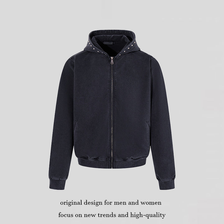 Men's Short Cut Zip Hooded Jacket made of Velour with Studded Hood Mune Fashion