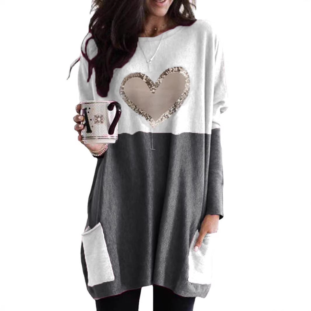 Women's Oversized Long Sweater Tunic with Sequin Heart and Patch Pockets Mune Fashion