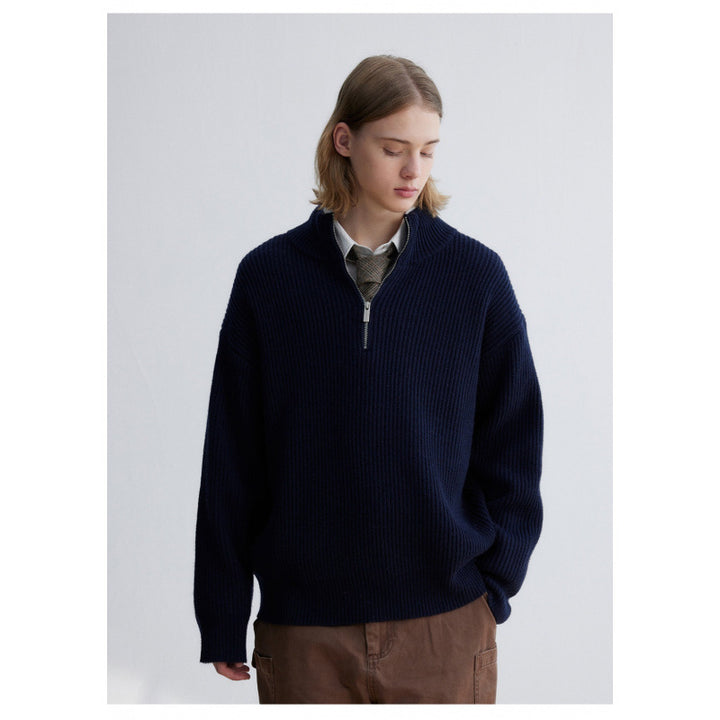 Men's Oversized Ribbed Half-Zip Sweater with Extended Sleeve and High Stand-Up Collar Mune Fashion