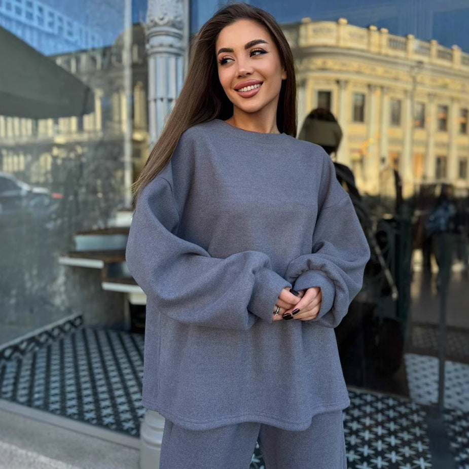 Women's Soft Oversized Knit Lounge Set with Casual Round Neck Sweater and Wide Comfort Pants Mune Fashion