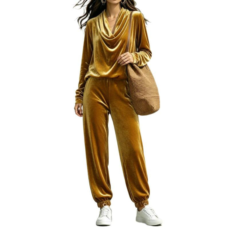 Women's Velvet Lounge Set with Waterfall Collar and Jogger Pants Mune Fashion