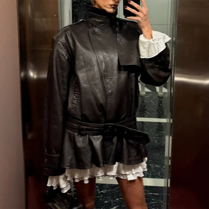 Ladies Oversize Leather Jacket with Tailoring Tie Belt and Ruffle Hem Mune Fashion