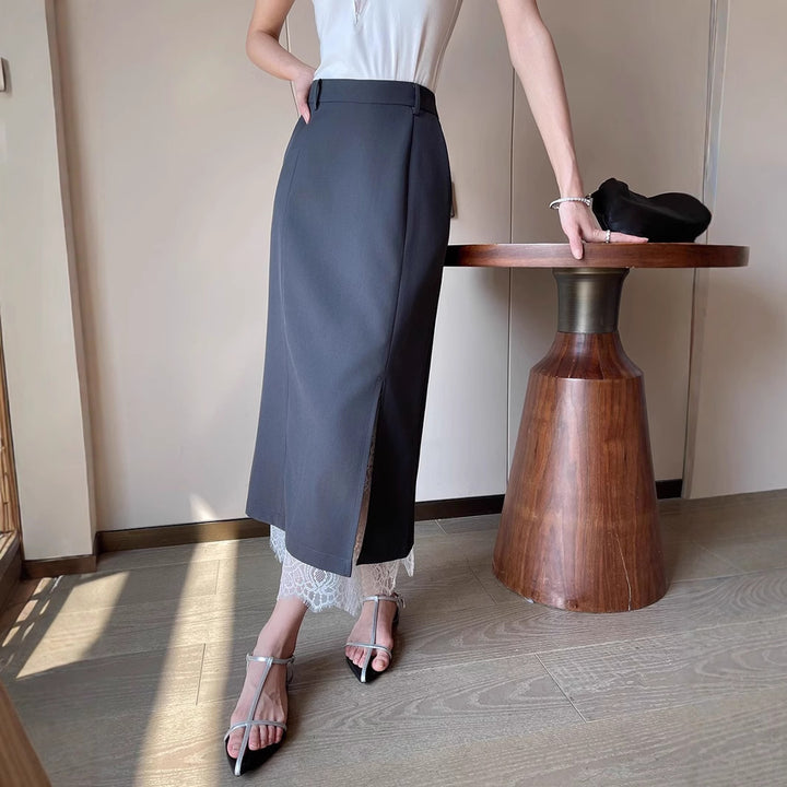 Women's Elegant Maxi Skirt with High Slit and Lace Trim Mune Fashion