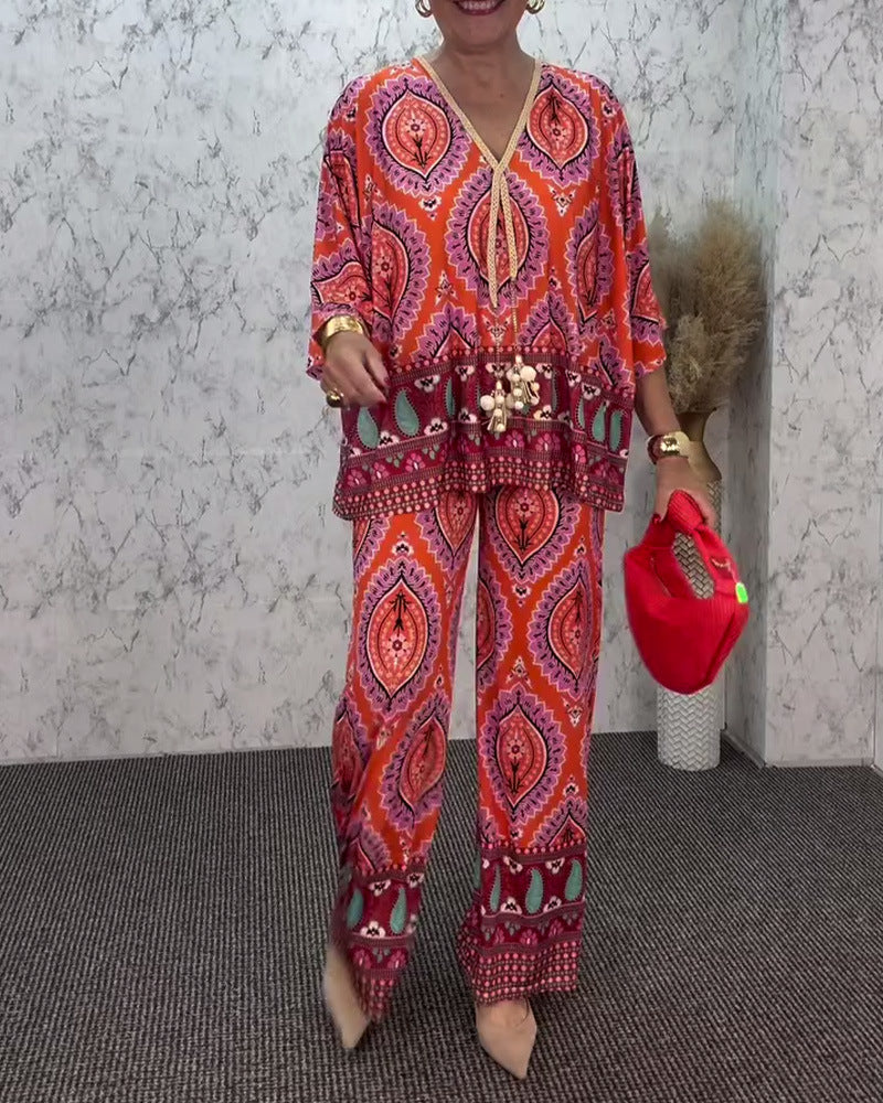 Ladies relaxed tunic and palazzo pants set with V-neck fringe band and wide leg Mune Fashion