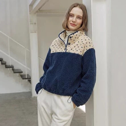 Women's teddy fleece pullover with stand-up collar, press button placket, and drawstring Mune Fashion