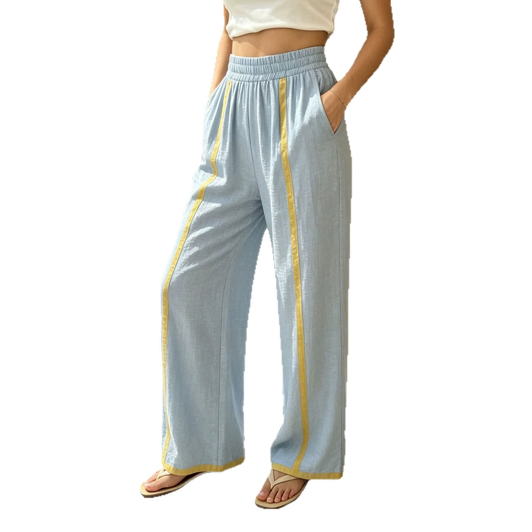 Women Wide Linen Pants with Contrast Stripes and Elastic Waist Mune Fashion