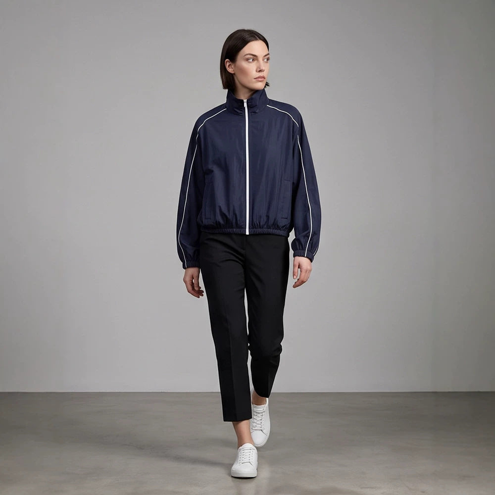 Women's Lightweight Sports Track Jacket with Stand-up Collar, Contrast Piping and Elastic Waistband Mune Fashion