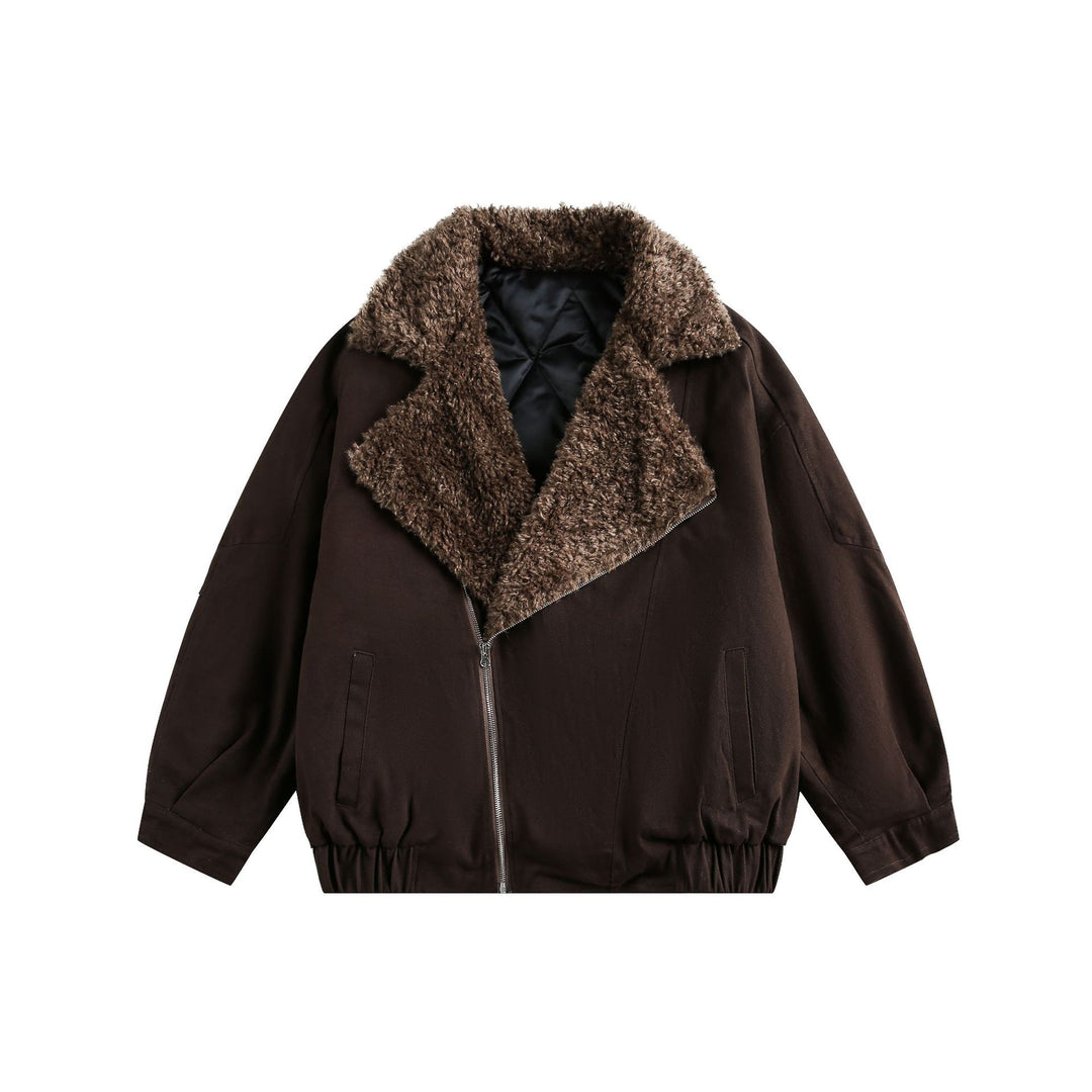 Men's short pilot-style jacket with generous teddy fur collar and elastic waistband.