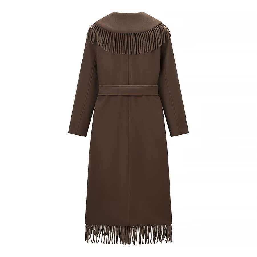 Ladies Long Fringe Wool Blend Coat with Hood, Tie Belt and Patch Pockets Mune Fashion