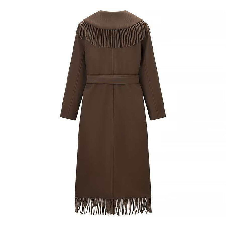 Ladies Long Fringe Wool Blend Coat with Hood, Tie Belt and Patch Pockets Mune Fashion