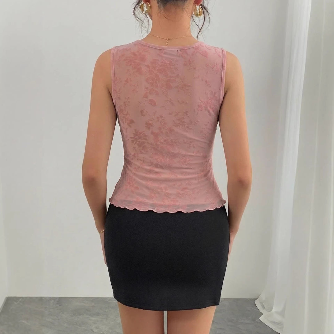 Women's fitted sleeveless lace top with deep V-neck, molded cups, and floral jacquard texture Mune Fashion