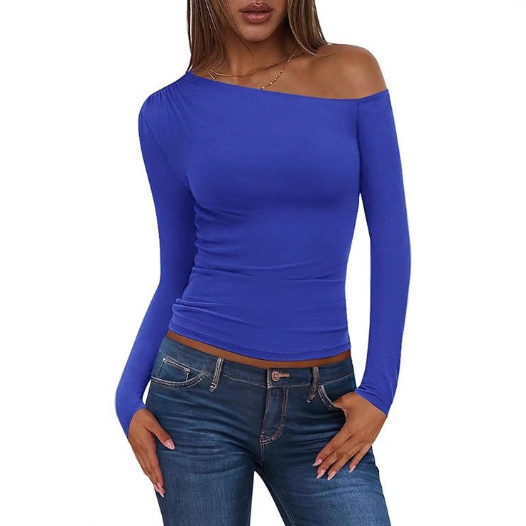 Women's Off-Shoulder, Fitted Ribbed Long Sleeve Top with Asymmetric One-Shoulder Cut Mune Fashion