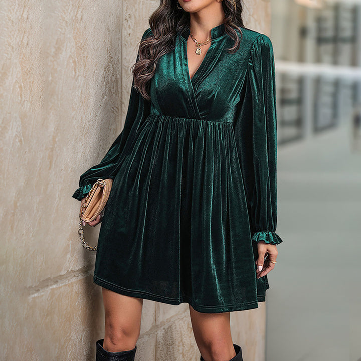 Ladies Elegant Velvet Dress with Deep V-Neck Mune Fashion