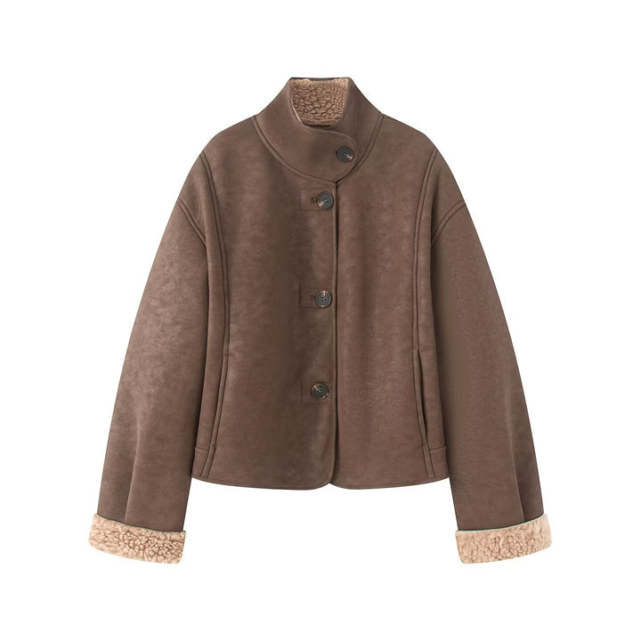 Women's Short Lambskin-Look Jacket with Stand-up Collar and Button Placket Mune Fashion