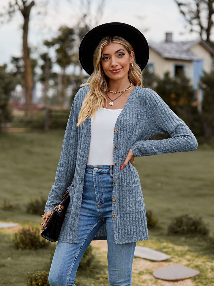 Women Long Cut Ribbed Knit Cardigan with Button Placket and Pocket Mune Fashion