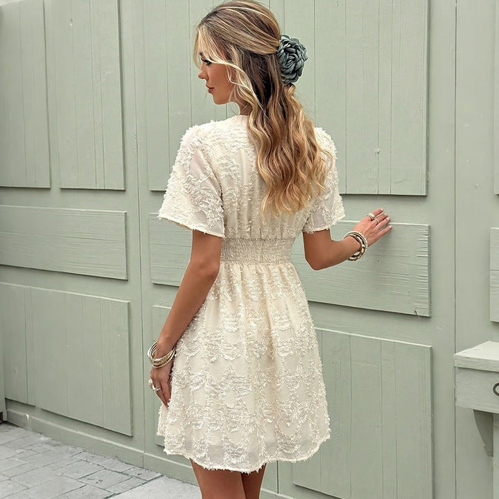 Women's Short Sleeve Gathered V-Neck Summer Dress with Waist Gathering Mune Fashion