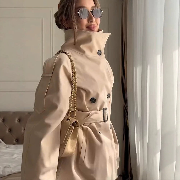 Women's Short Boxy Trench Coat with High Standing Collar, Double-Breasted Front & Waist Belt Mune Fashion