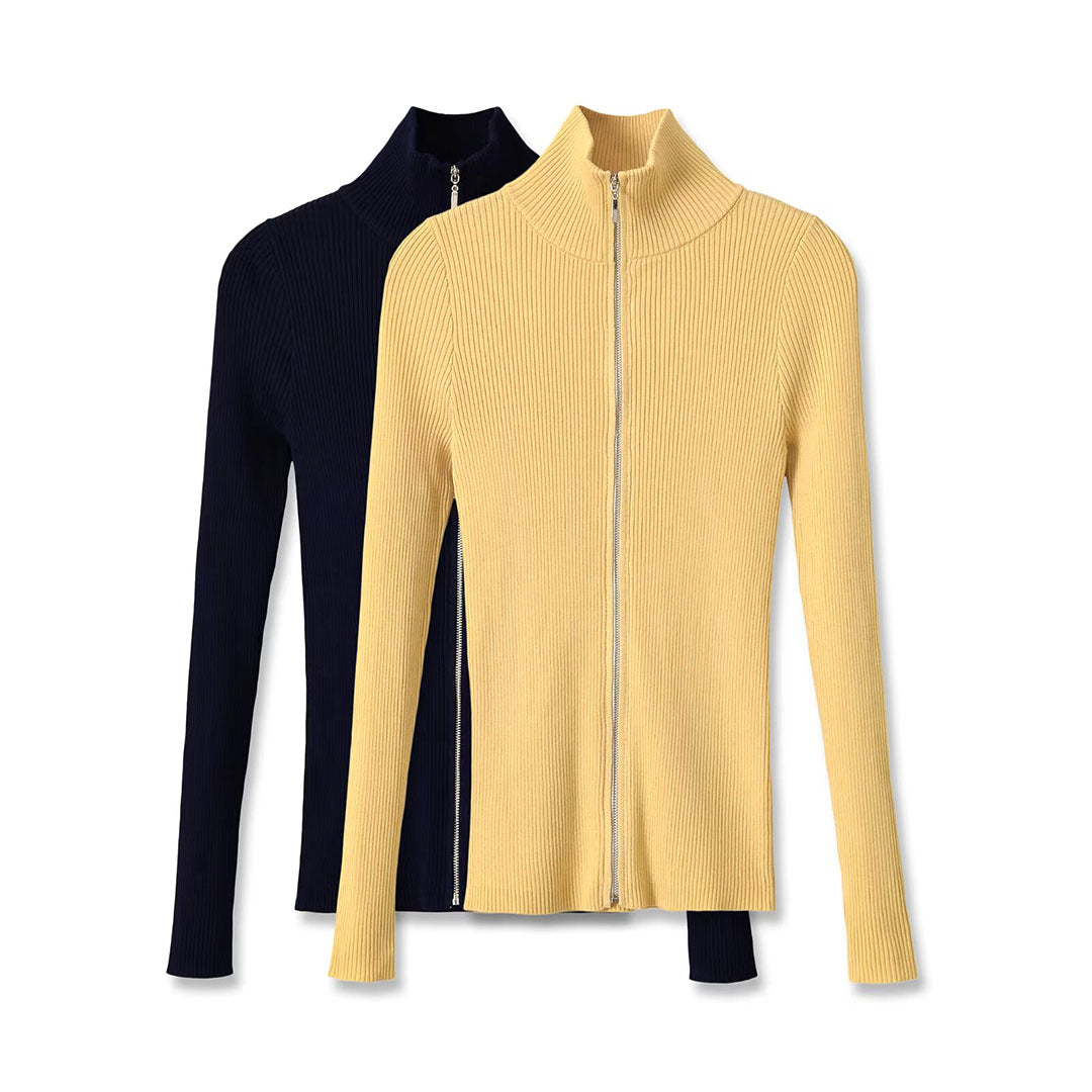 Women's Ribbed Fine Knit Cardigan with Full Zip and Stand-Up Collar Mune Fashion