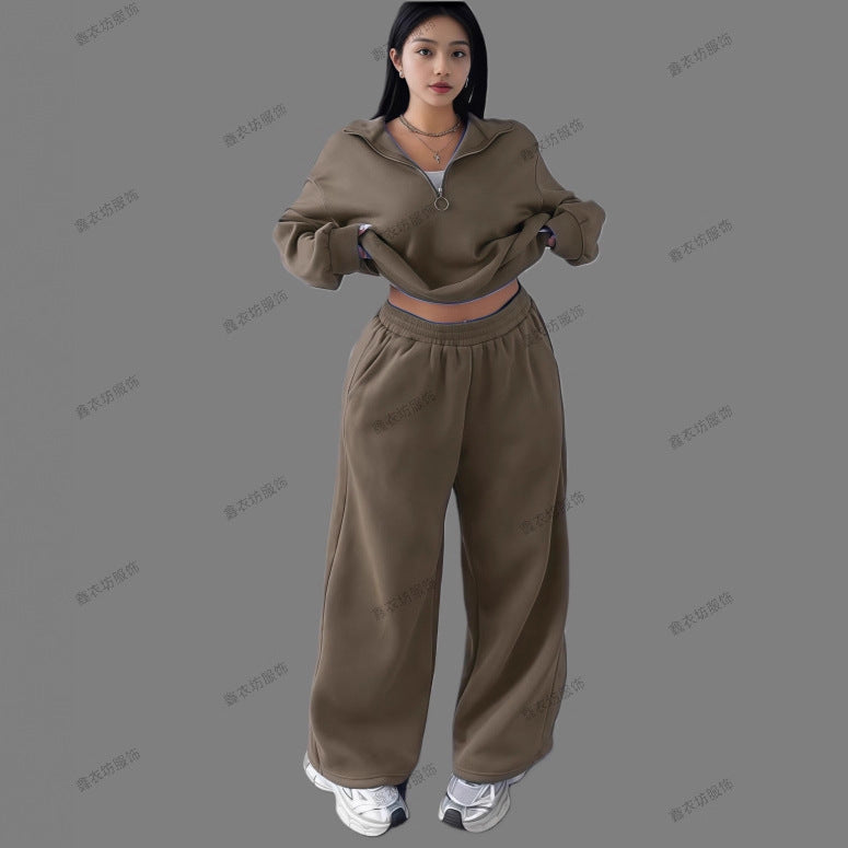 Women's Cropped Oversized Sweatshirt with Half Zipper and Wide High-Waist Jogging Pants Set Mune Fashion