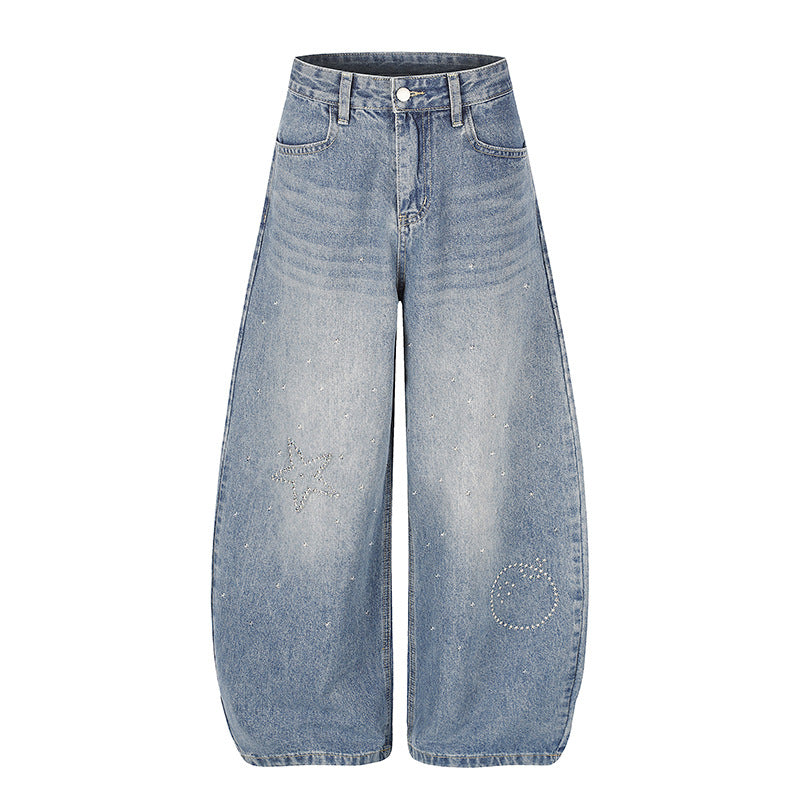 Women's Extra Wide High-Waist Denim Culottes with Palazzo Cut and Star Stud Decoration Mune Fashion