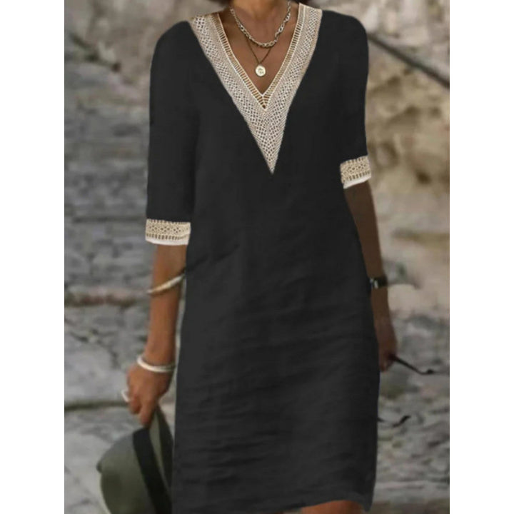Women's Lightweight Linen Midi Dress with V-Neck and Crochet Lace Trim Mune Fashion