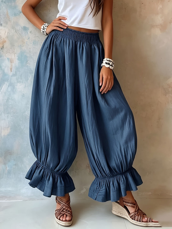 Women loose harem pants with elastic waistband, gathered legs and flounce hem Mune Fashion