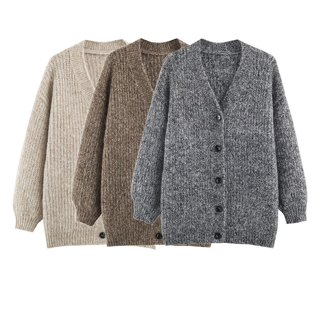 Women Oversized Chunky Knit Cardigan with Deep V-Neck, Ribbed Texture and Balloon Sleeves Mune Fashion