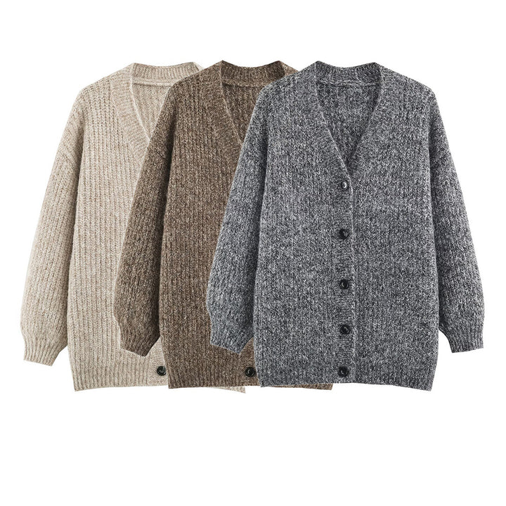 Women Oversized Chunky Knit Cardigan with Deep V-Neck, Ribbed Texture and Balloon Sleeves Mune Fashion