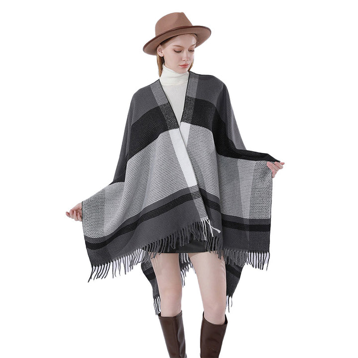 Women Oversized Wool Blend Wrap with V-Neck and Fringe Mune Fashion