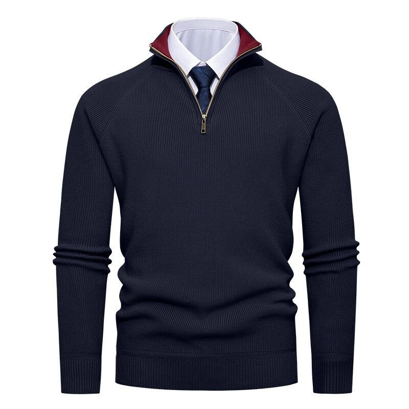 Men's fine knit pullover with half zip, structured ribbed look and inside contrasted standing collar Mune Fashion