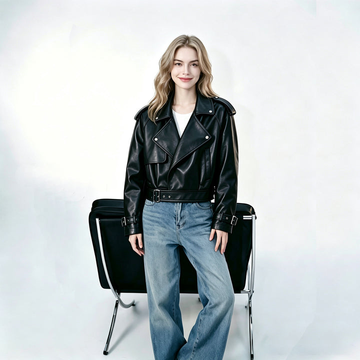 Women Stylish Cropped Faux Leather Jacket Mune Fashion