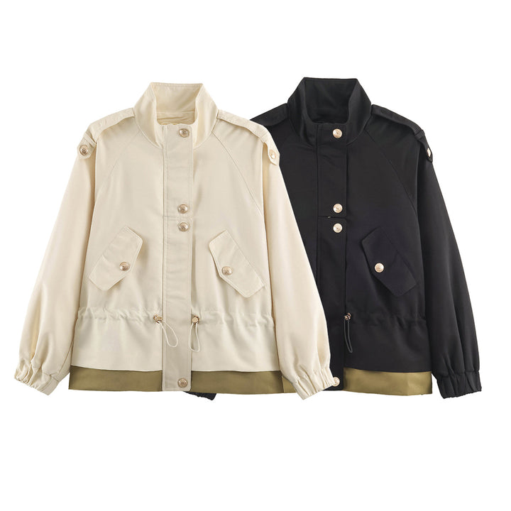 Women's lightweight field jacket with drawstring, stand-up collar, epaulettes, and lace trim Mune Fashion