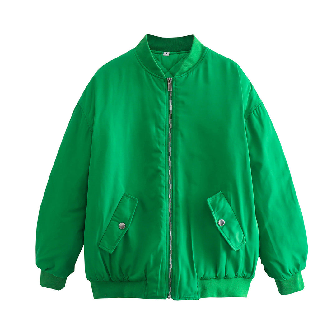 Ladies oversized bomber jacket with stand-up collar, zipper and snap button pockets Mune Fashion