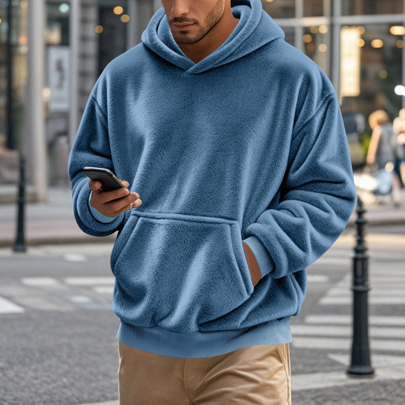 Men's cozy oversized fleece hoodie with kangaroo pocket and ribbed hem Mune Fashion