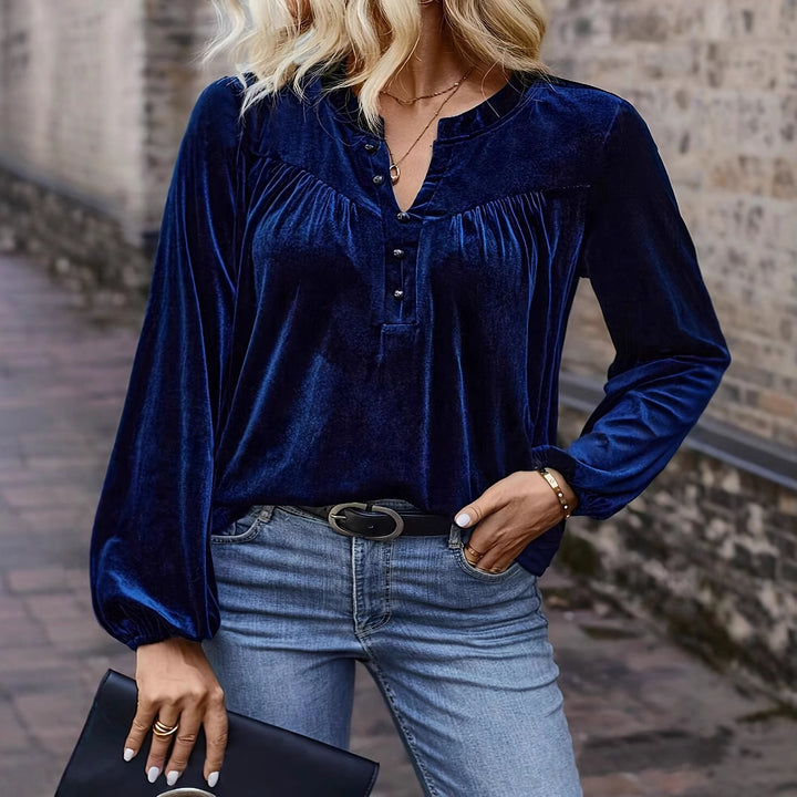 Women's velvet blouse with button Henley, gathered breast yoke and loose fit Mune Fashion