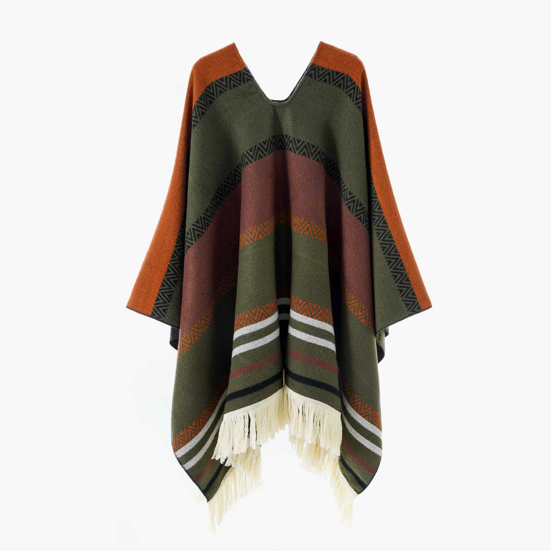 Women Oversize Poncho-Cape with V-neck and Fringe Hem Mune Fashion