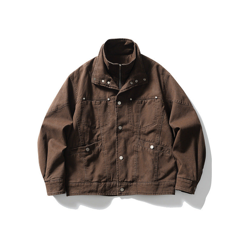 Men's Oversized Canvas Jacket with Stand-Up Collar, Snap Button Front and Concealed Zipper Interior Insert Mune Fashion