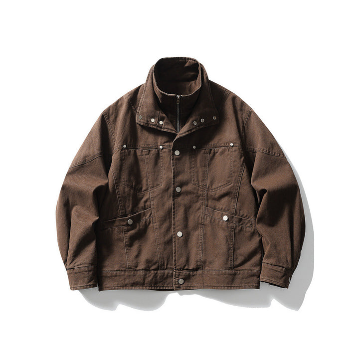 Men's Oversized Canvas Jacket with Stand-Up Collar, Snap Button Front and Concealed Zipper Interior Insert Mune Fashion