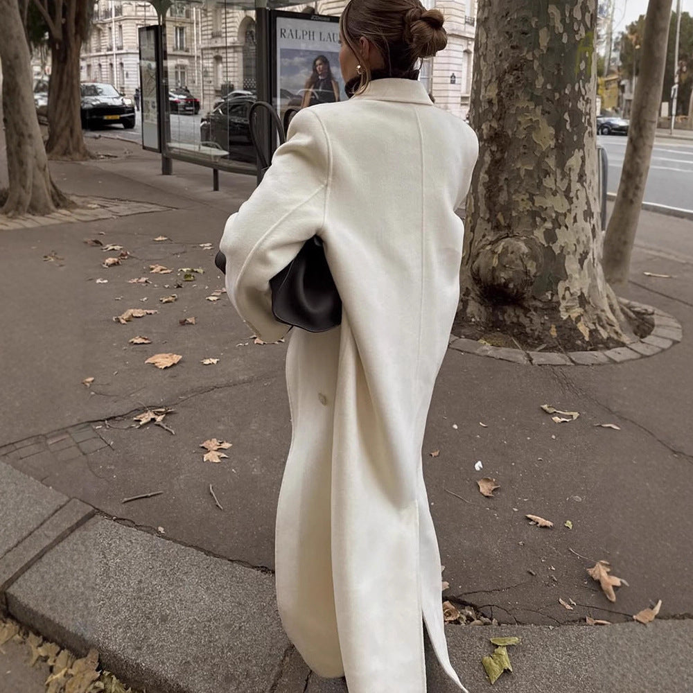 Women's Maxi Double-Breasted Wool Blend Coat with Oversized Cut and Lapel Collar Mune Fashion