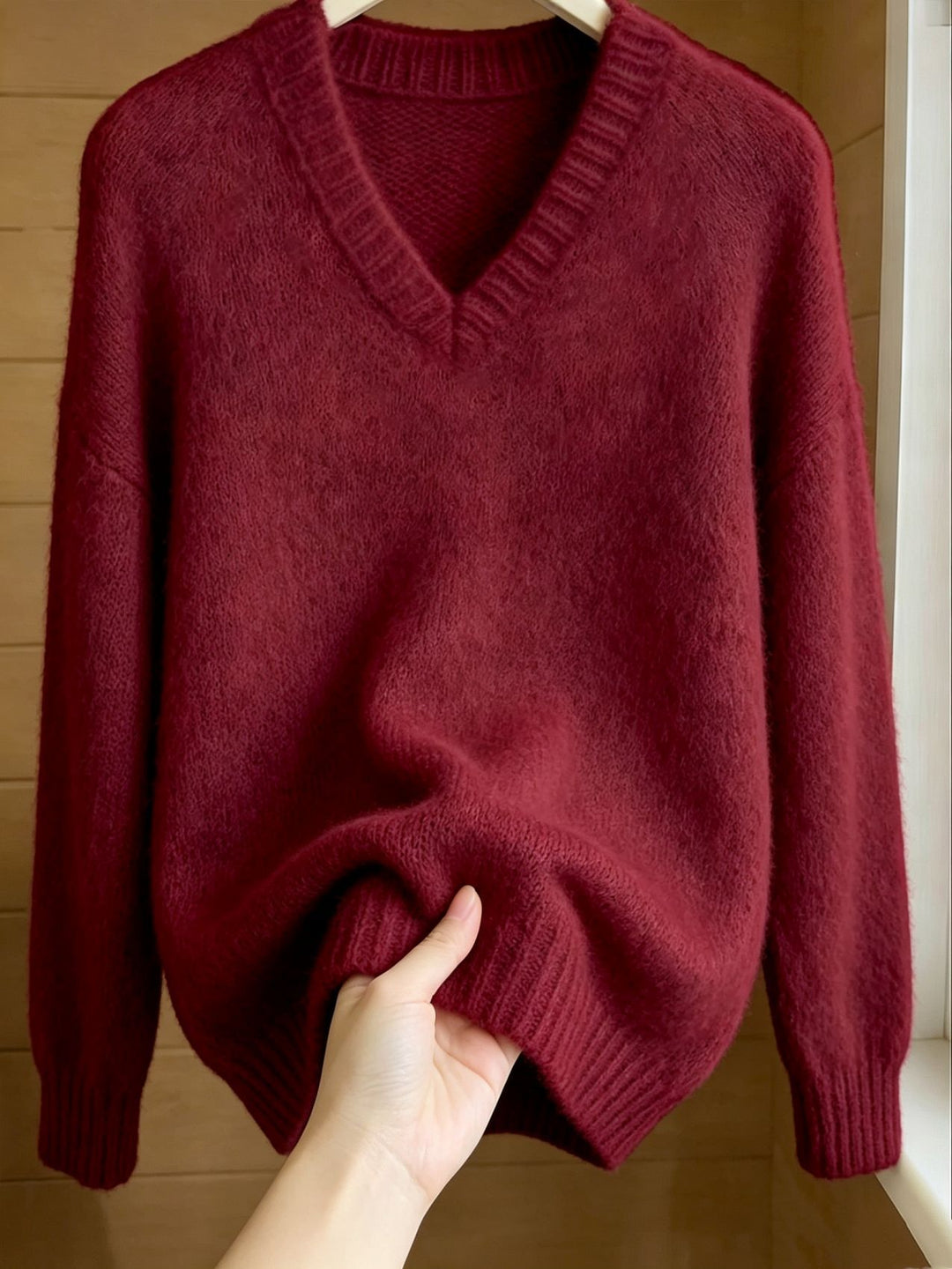 Women Fluffy Mohair-Mix Oversize Sweater with Deep V Neck Mune Fashion