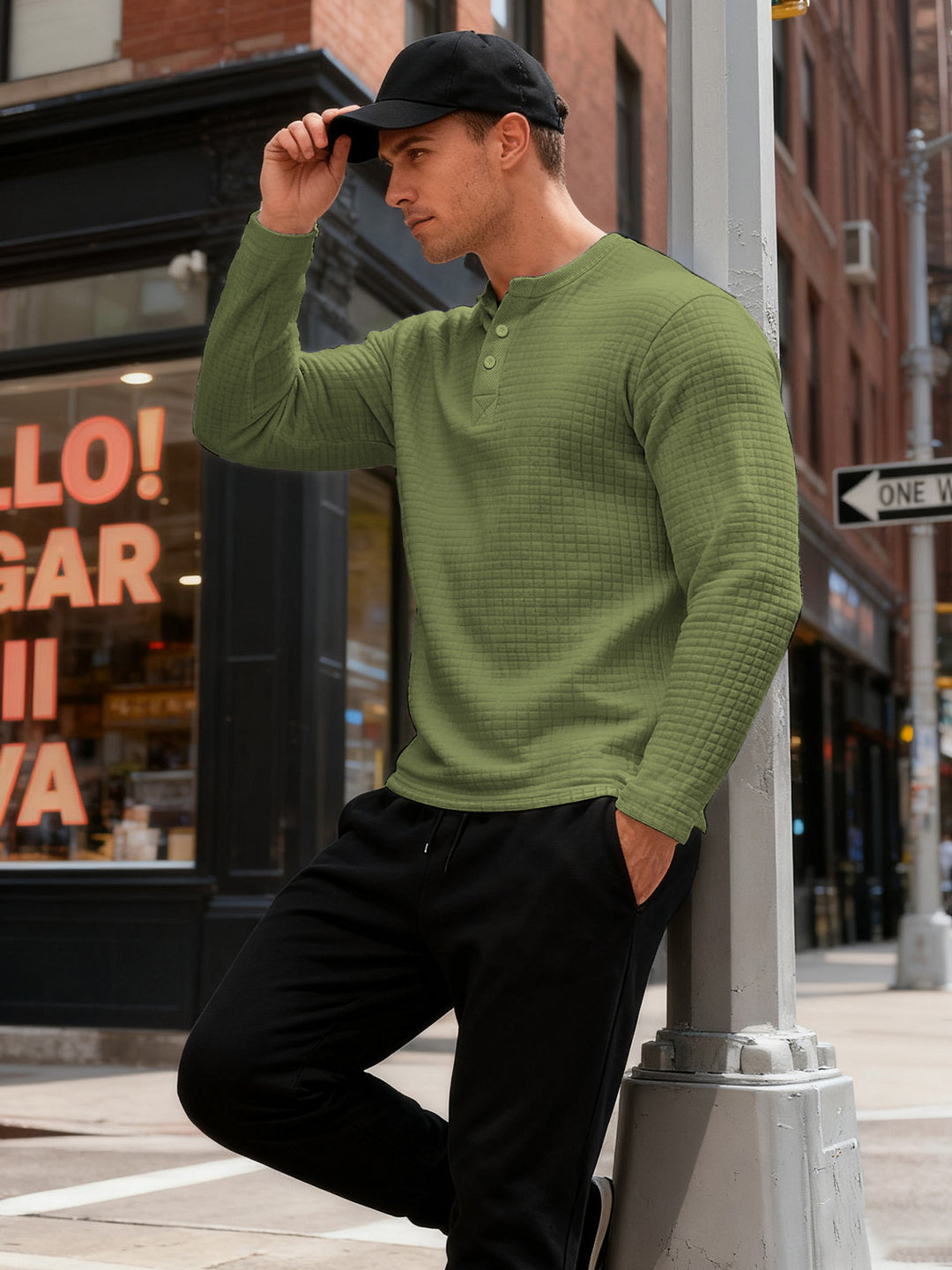 Men's structured Henley long sleeve shirt made of waffle knit with stand-up collar and narrow silhouette Mune Fashion