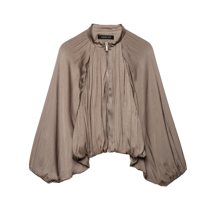 Women Pleated Cropped Cape Jacket with Zipper and Ballooned Hem Mune Fashion