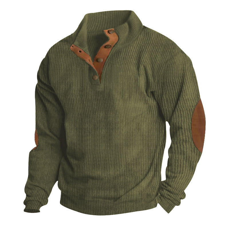 Men's Ribbed Henley Sweater with Stand Collar, Button Placket & Leather Elbow Patches Mune Fashion