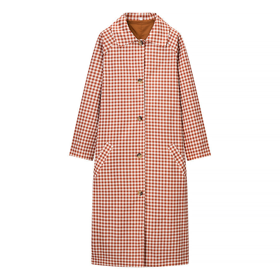 Women's Checkered Trench Coat Mid-Length with Button Placket and Contrast-Lined Cuffs Mune Fashion