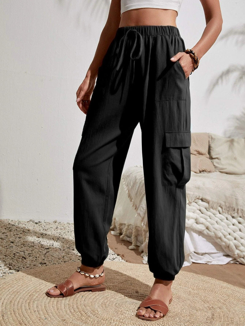 Women Cargo Jogging Pants with Elastic Waistband, Drawstring and Patch Pockets Mune Fashion