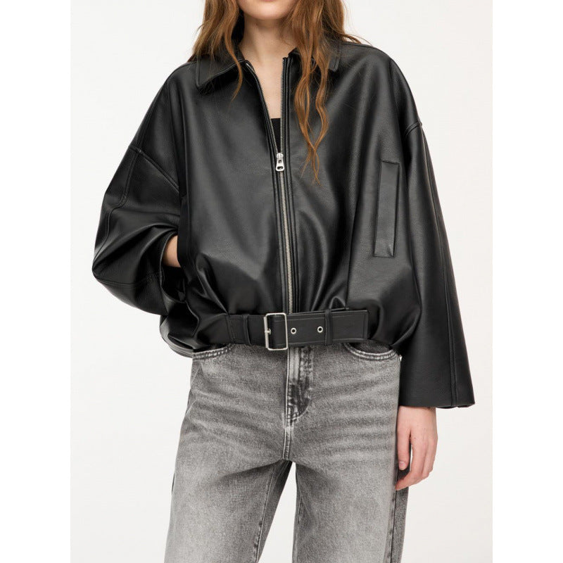 Women Oversized Leatherette Blouson with Waist Belt Mune Fashion